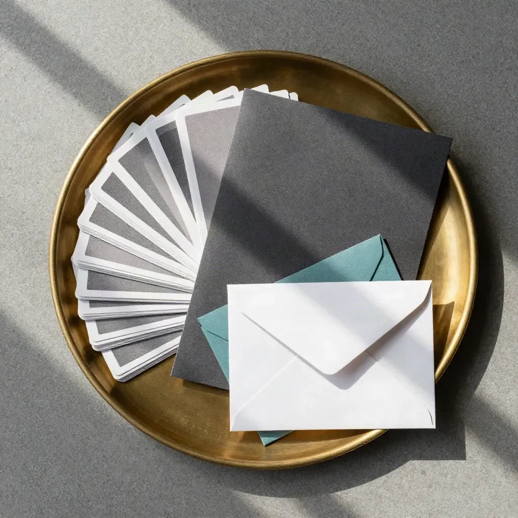 Overhead brass tray with partner cards, folder, and envelopes on concrete.