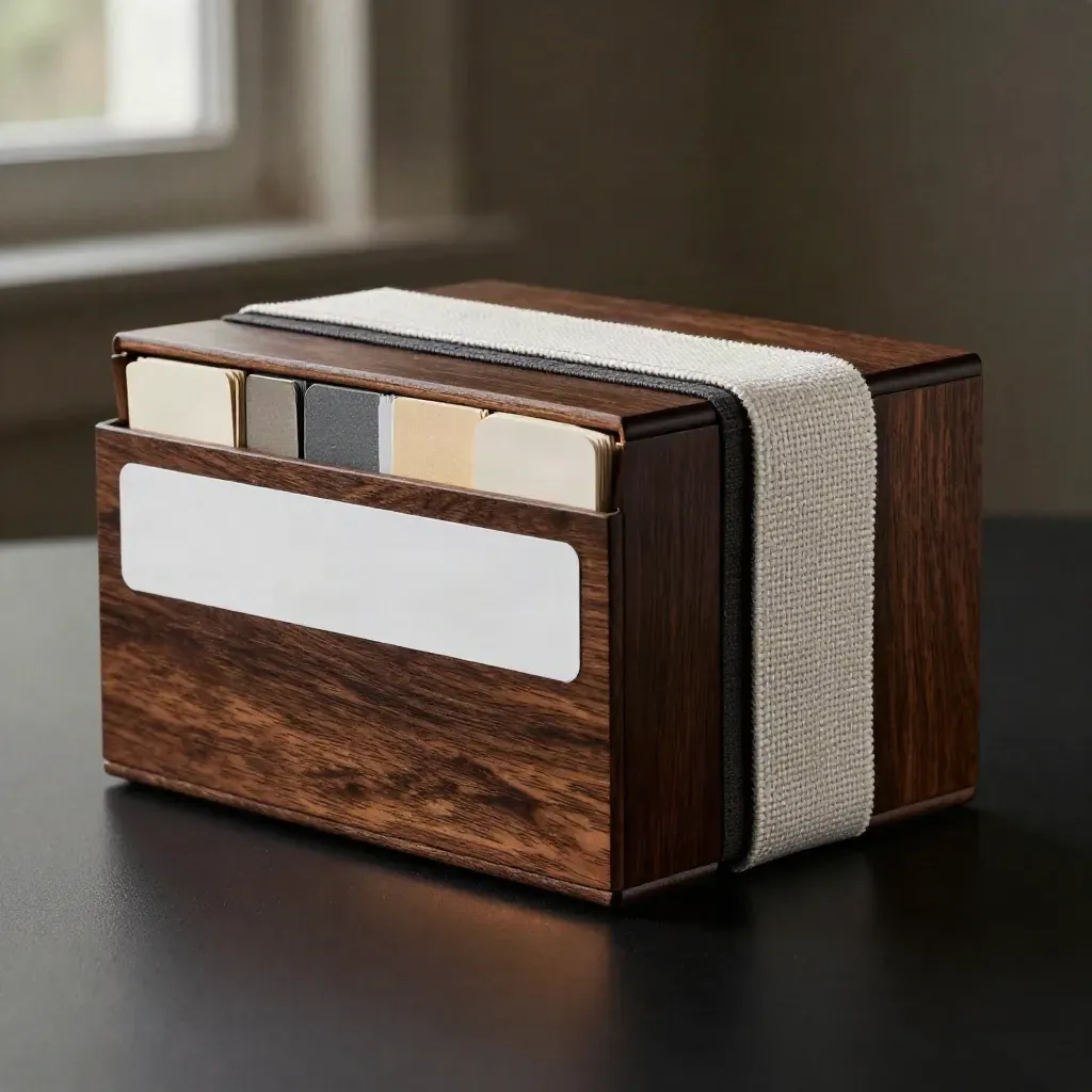 Localization kit box with swatches and woven textile strip on a dark studio surface