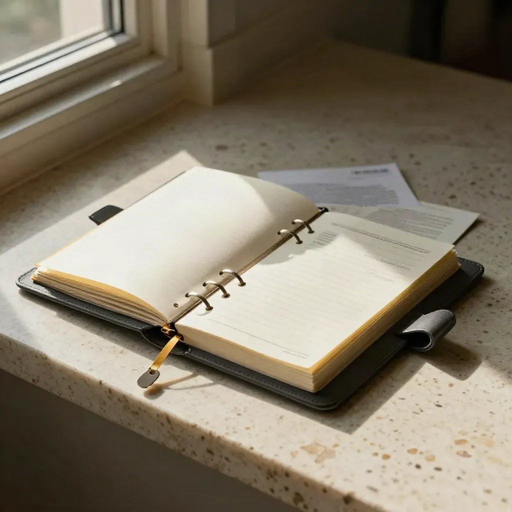 Open compliance binder with gold tabs on travertine, lit by soft daylight