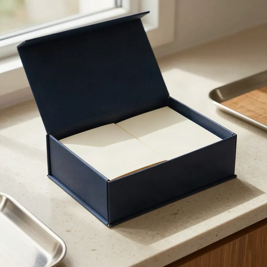 Unbranded navy starter box on travertine with insert and two companion cards