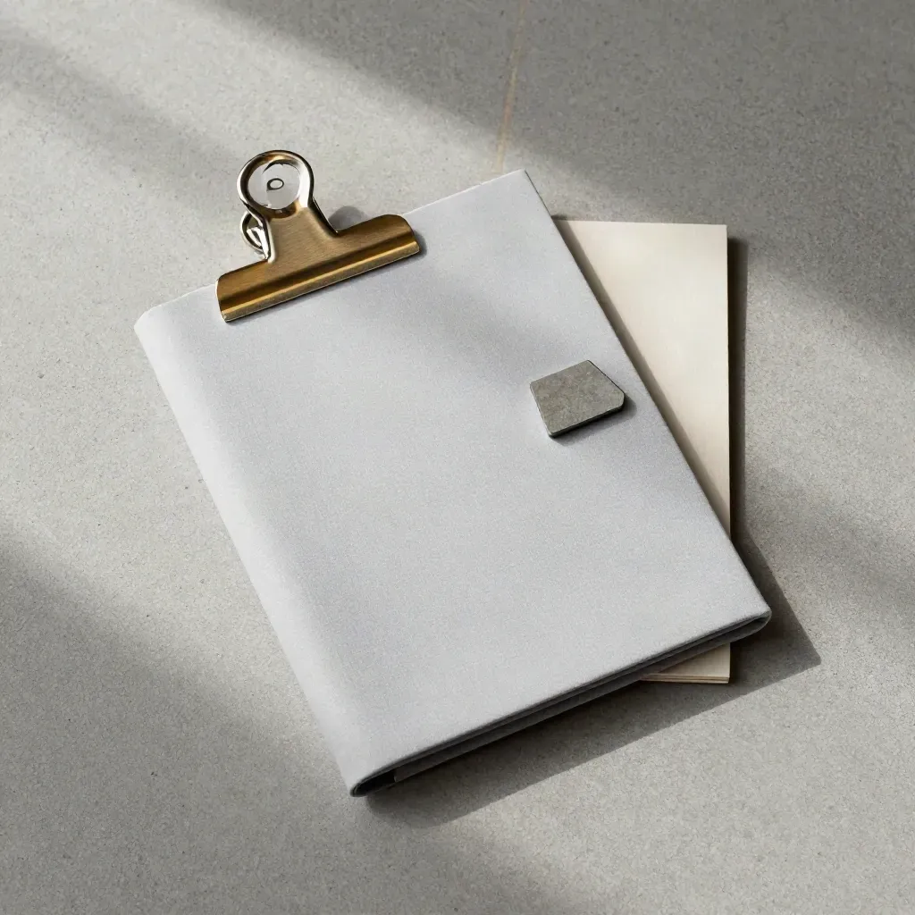Pale-grey entry pack flatlay with metal clip and stone sample on concrete, soft gold accents.