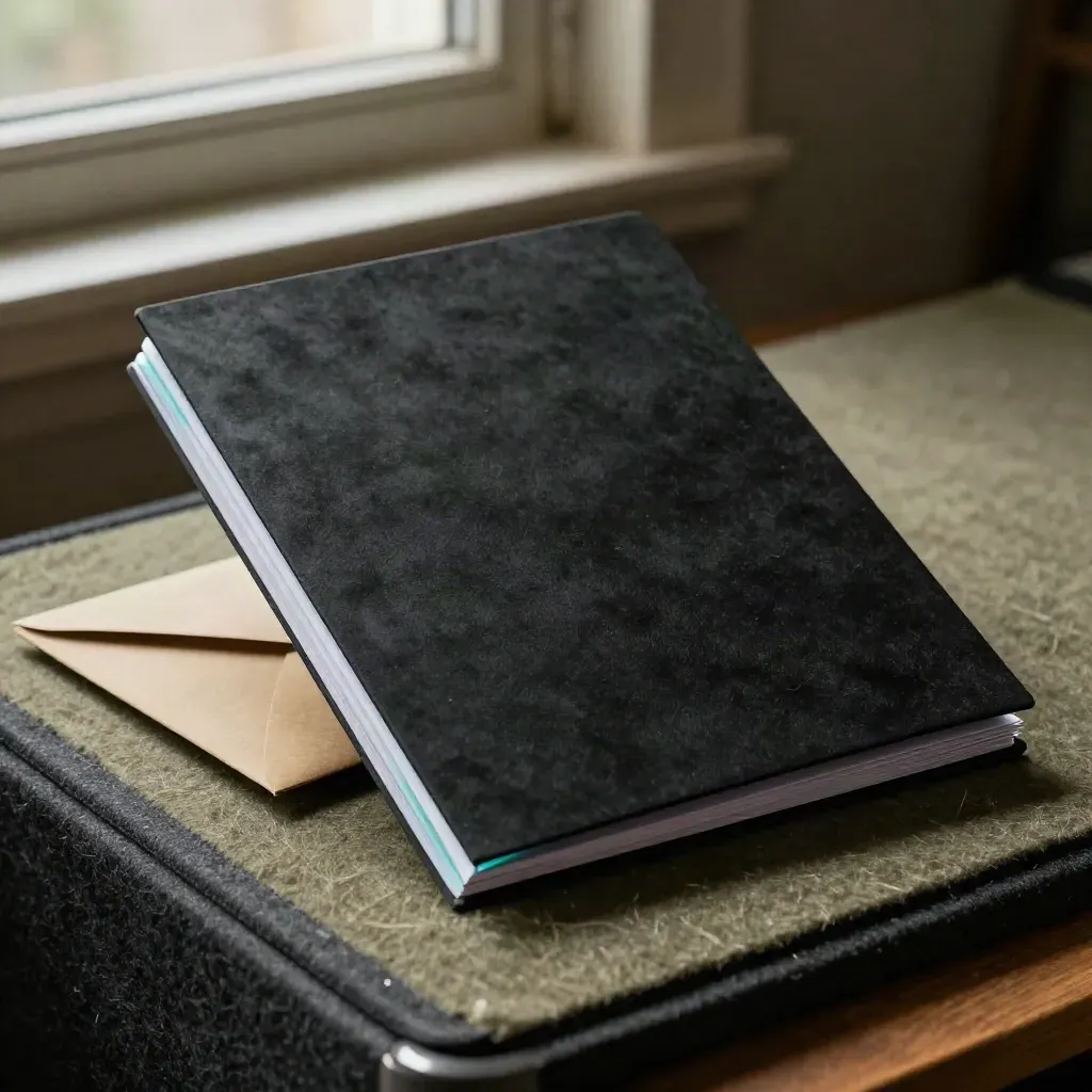 Matte-black launch folio with wool and an envelope, lit by a cool rim light.