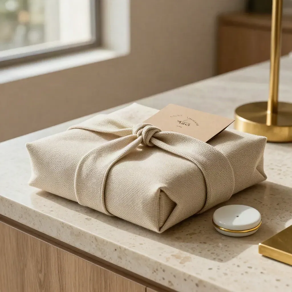 Ivory partner kit with woven wrap, ceramic token and sleeve on travertine in warm light