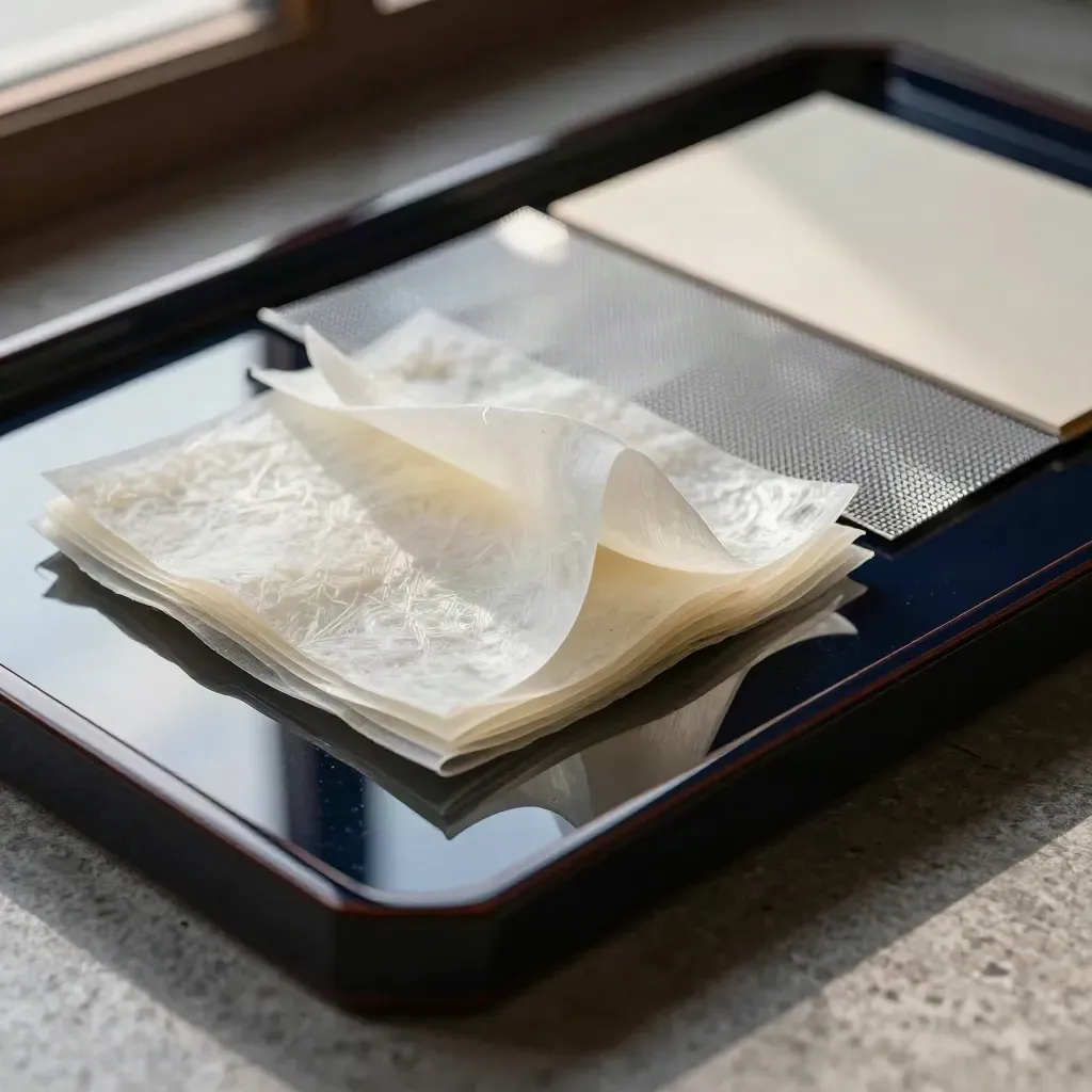 Rice paper, lacquer tray and mesh swatch in a Japan localization kit