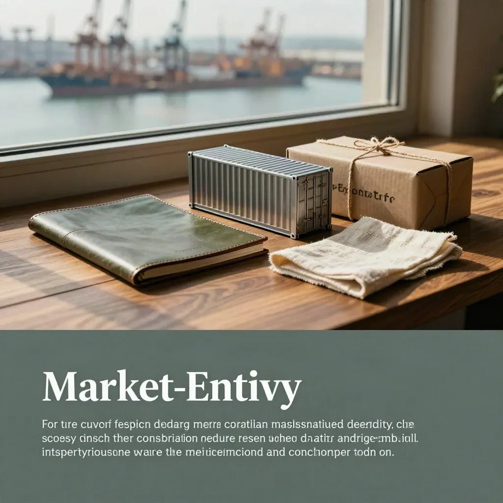 Walnut tabletop by a window with export props and blurred port cranes above.